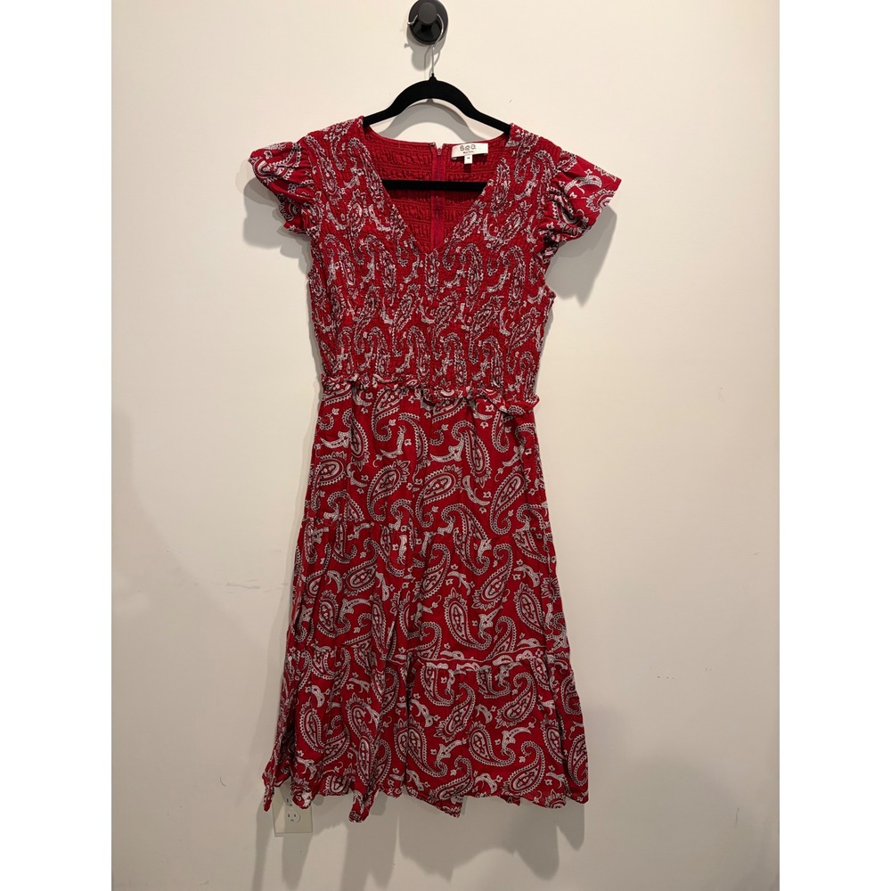 Sea New York Red Paisley Smocked V-Neck Flutter Sleeve Tiered Midi Dress 14